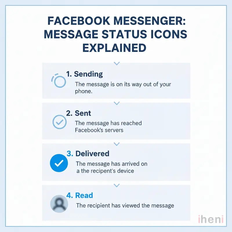 Infographic showing the four Facebook Messenger icons: Sending (hollow circle), Sent (hollow check), Delivered (solid check), and Read (profile picture).
