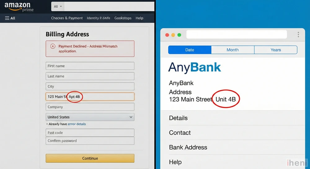 This image illustrates the common issue where the billing address entered on Amazon does not perfectly match the one on file with the bank.