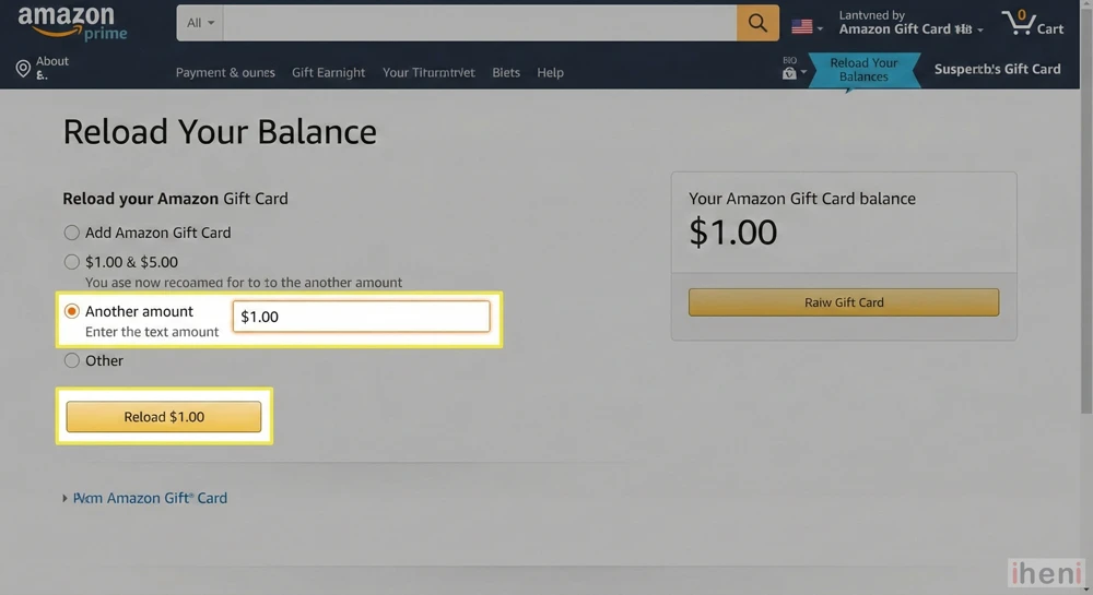 This image demonstrates how to perform a small "test" transaction on Amazon by reloading your gift card balance with a small amount.