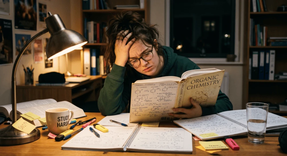 organic chemistry student studying frustrated